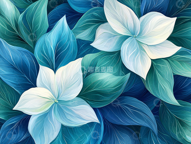 高清大图下载【趣麦麦图】蓝绿色花卉植物叶子图案