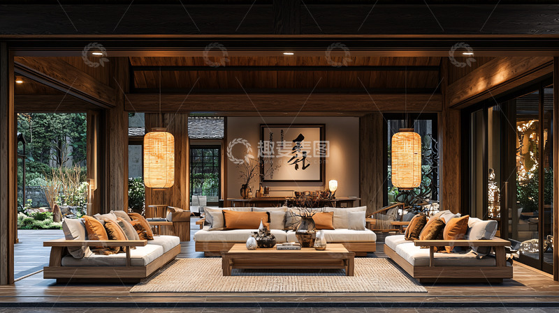 高清大图下载【趣麦麦图】日式风格客厅木质家具暖色灯光