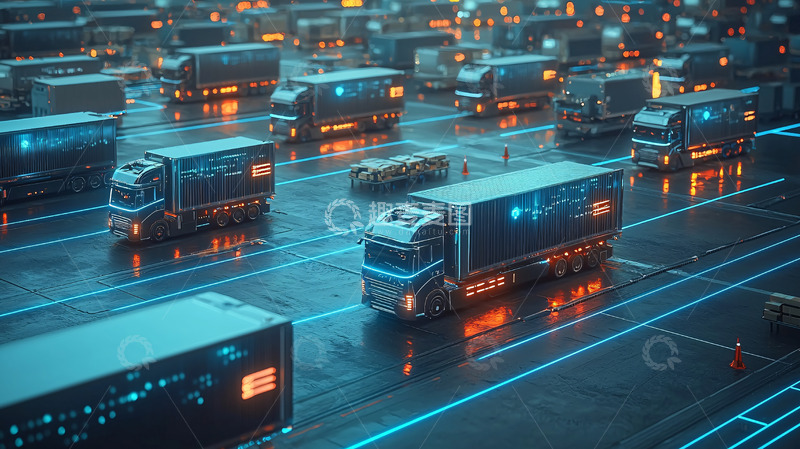 高清大图下载【趣麦麦图】夜幕下的智能卡车物流中心