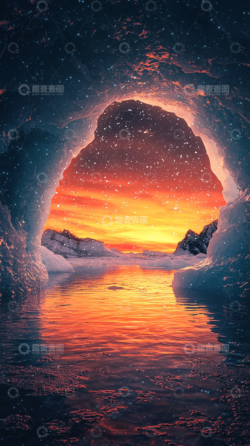 高清大图下载【趣麦麦图】冰川洞穴日落