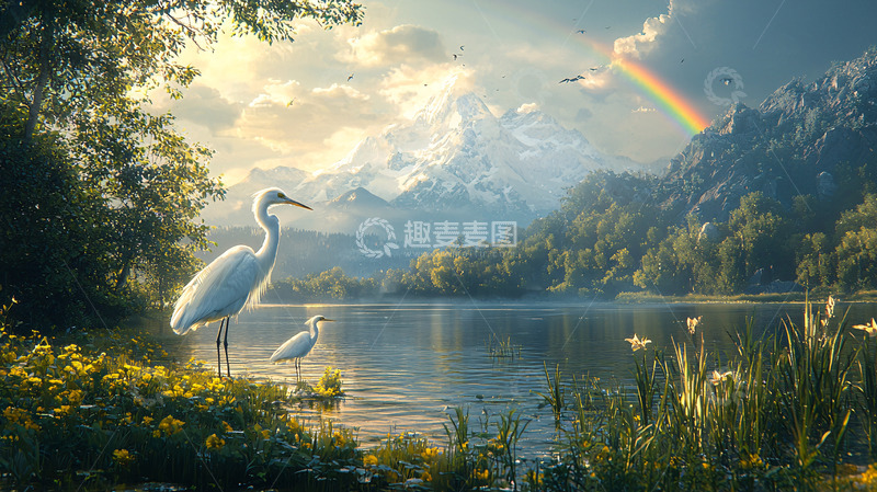 高清大图下载【趣麦麦图】宁静湖面与雪山彩虹白鹭