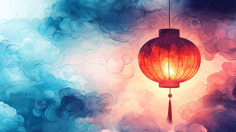 高清大图下载【趣麦麦图】红色灯笼在水墨背景中
