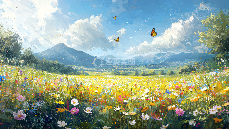 高清大图下载【趣麦麦图】梦幻花海山峦美景