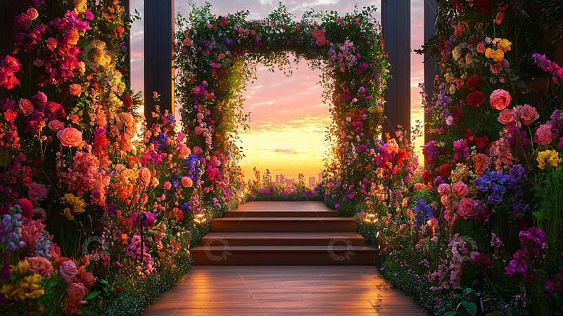 高清大图下载【趣麦麦图】鲜花拱门夕阳背景