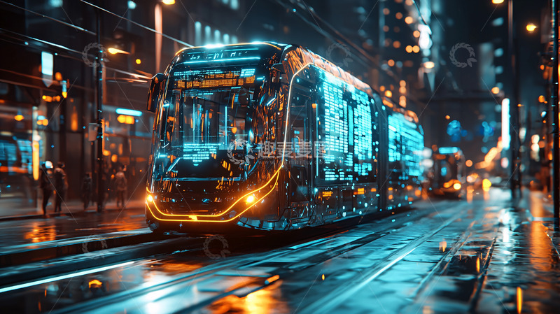 高清大图下载【趣麦麦图】夜晚城市电车