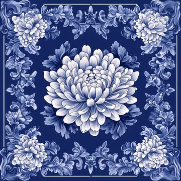 青花瓷风格菊花纹样