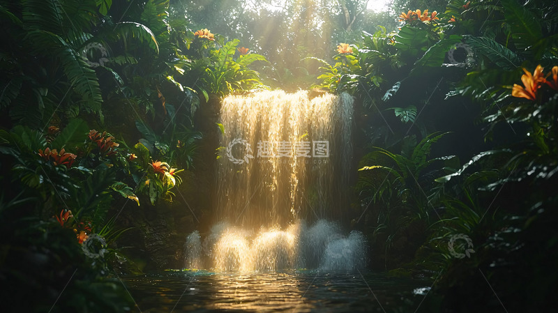 高清大图下载【趣麦麦图】阳光洒在热带雨林瀑布
