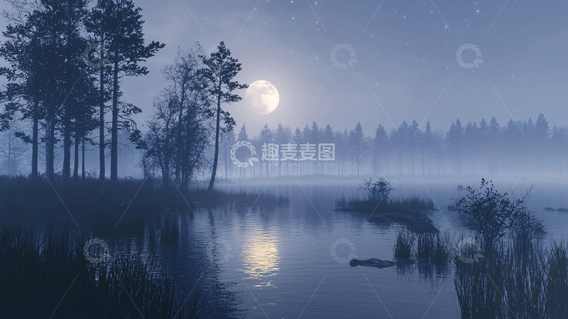 高清大图下载【趣麦麦图】月夜森林湖泊景色