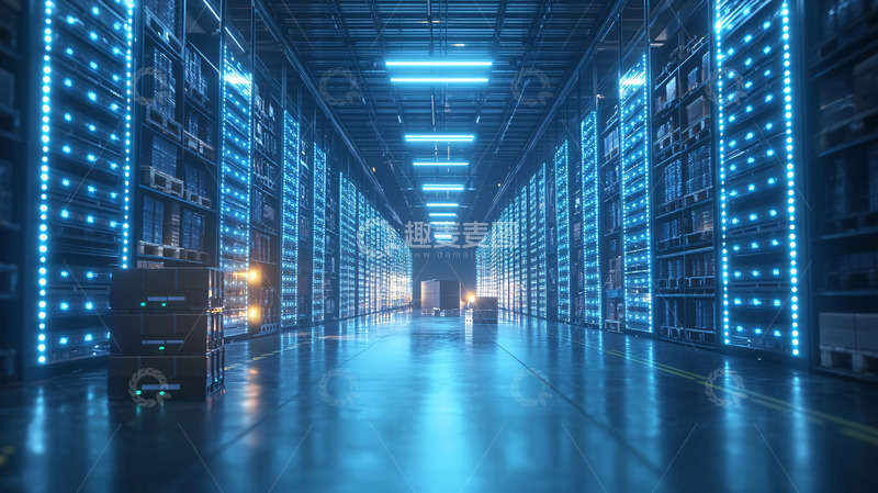 高清大图下载【趣麦麦图】蓝色灯光下的服务器机房