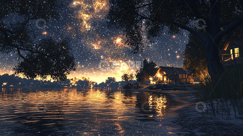 高清大图下载【趣麦麦图】星空下的湖边小屋