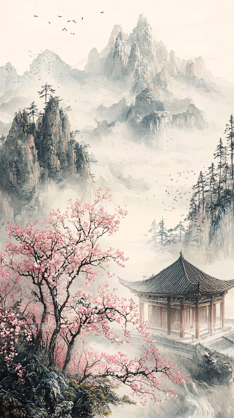 高清大图下载【趣麦麦图】水墨山水桃花亭阁