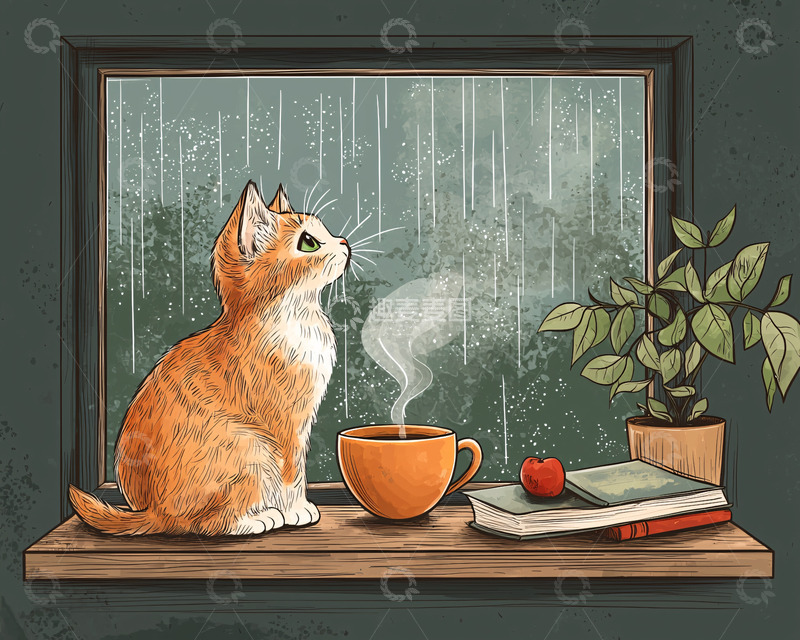 高清大图下载【趣麦麦图】小猫雨天窗边喝咖啡