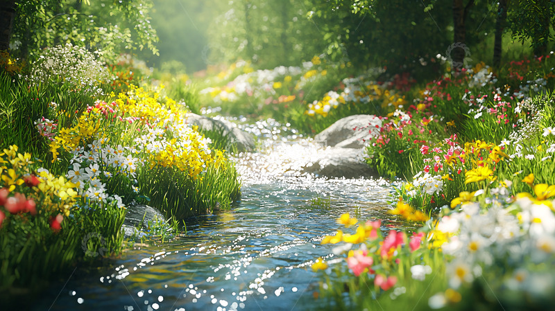 阳光森林溪流鲜花