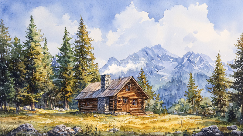 高清大图下载【趣麦麦图】山林小屋水彩画