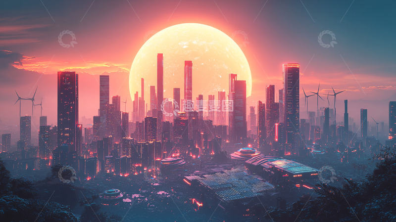 高清大图下载【趣麦麦图】巨大月亮下的未来都市