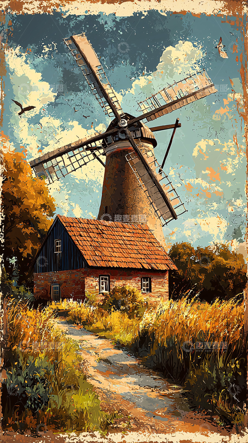 高清大图下载【趣麦麦图】复古风格的乡村风车画