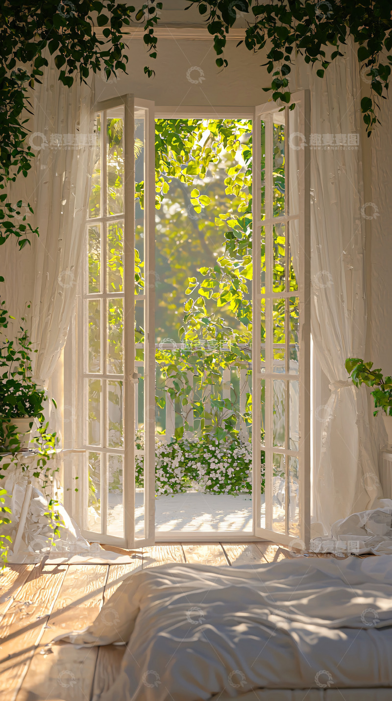 高清大图下载【趣麦麦图】阳光透过落地窗洒进卧室