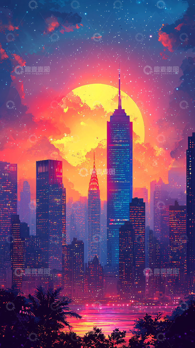 高清大图下载【趣麦麦图】霓虹城市夜景与巨大月亮