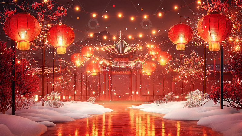 高清大图下载【趣麦麦图】红灯笼雪景中国风夜景