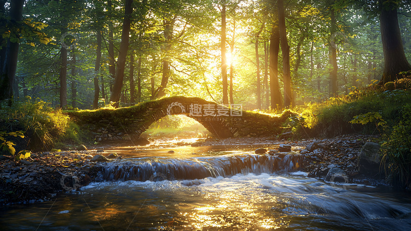 高清大图下载【趣麦麦图】森林小桥流水日出