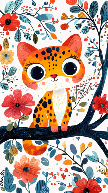 可爱豹纹猫花朵树枝