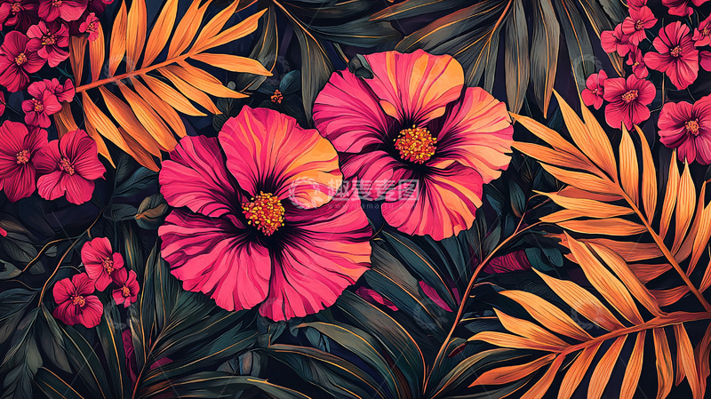 高清大图下载【趣麦麦图】热带花卉和棕榈叶