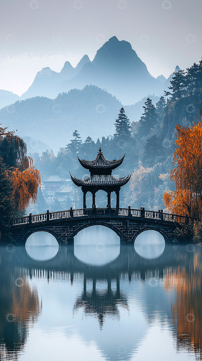 高清大图下载【趣麦麦图】中国风桥梁山水画意