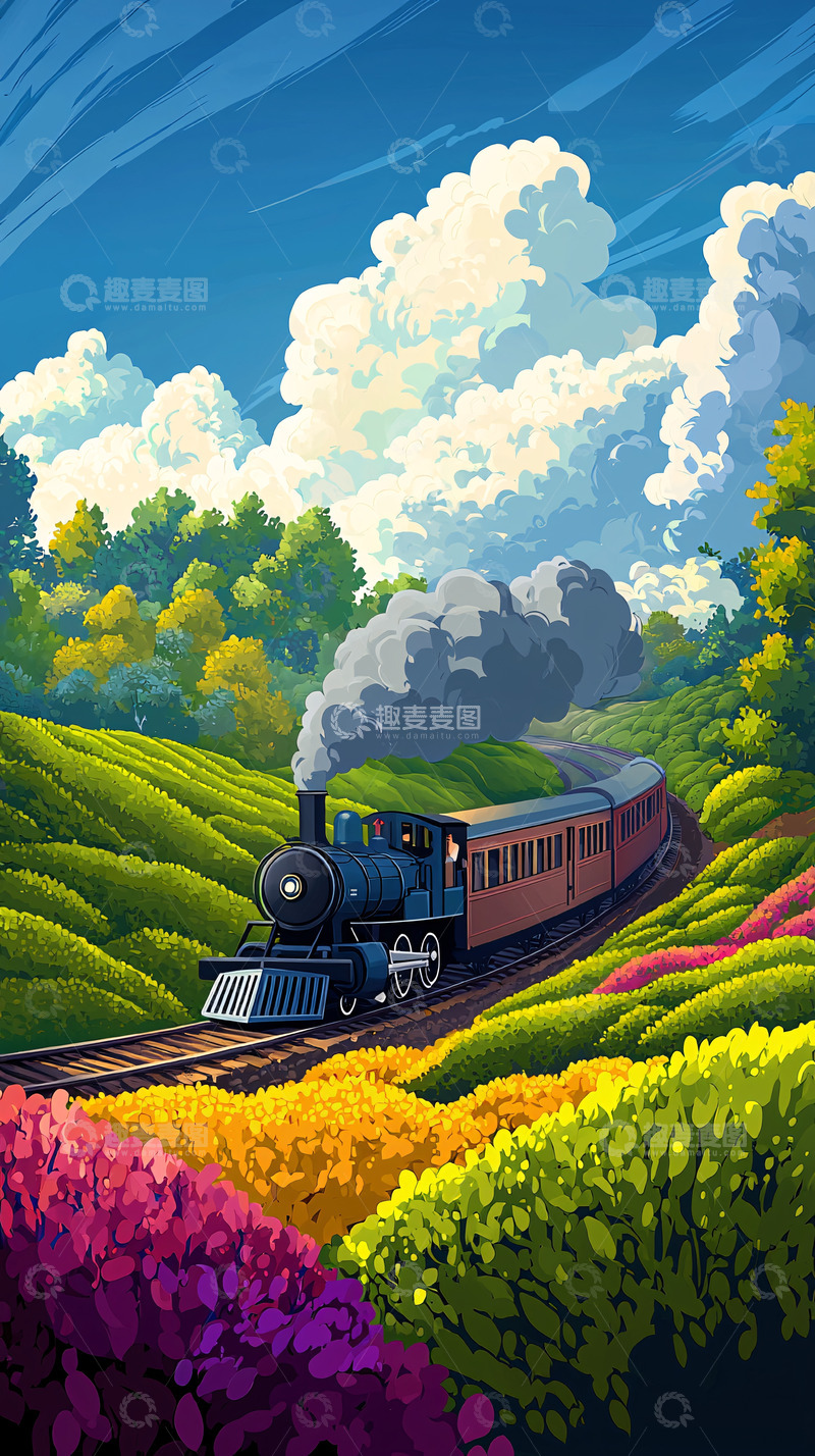 高清大图下载【趣麦麦图】蒸汽火车田园风光