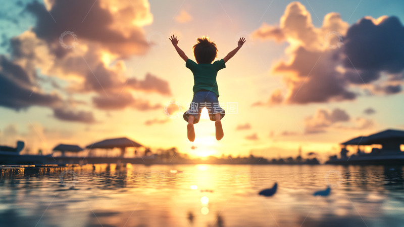 高清大图下载【趣麦麦图】孩子在日落时跳跃