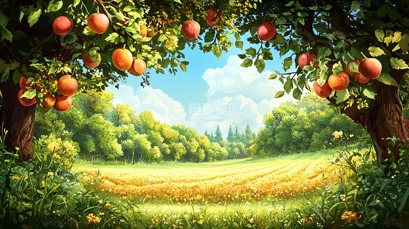 高清大图下载【趣麦麦图】苹果树下的田野