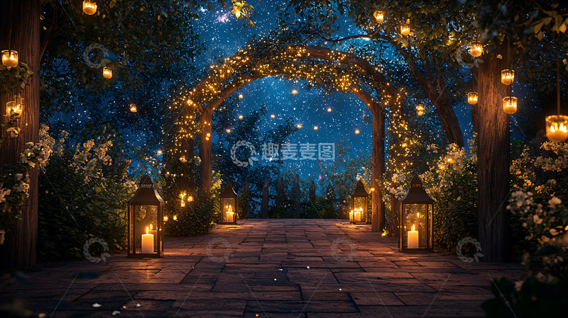 高清大图下载【趣麦麦图】夜晚森林小路灯笼拱门
