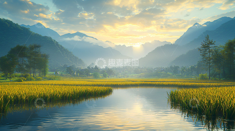 高清大图下载【趣麦麦图】日出山谷田园风光