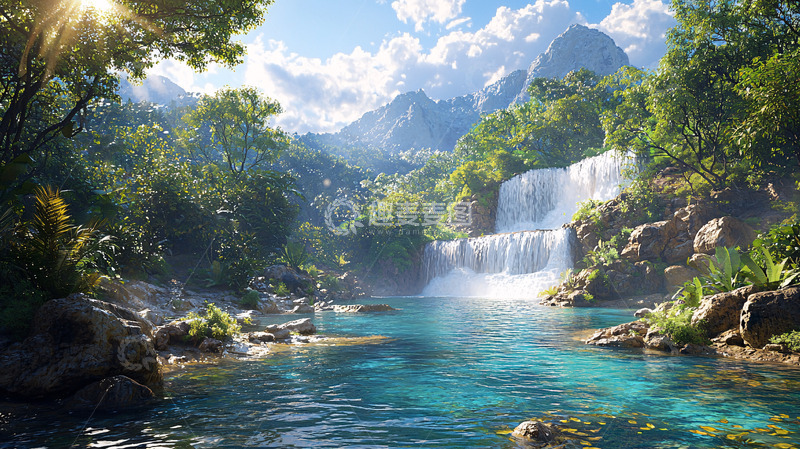 高清大图下载【趣麦麦图】阳光下的瀑布森林