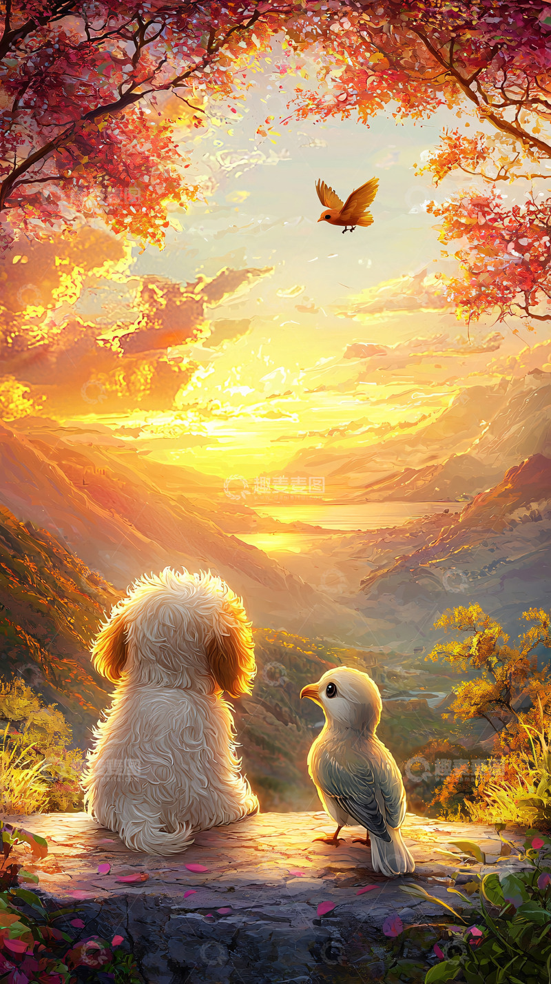 高清大图下载【趣麦麦图】落日余晖下的狗狗和雏鸟