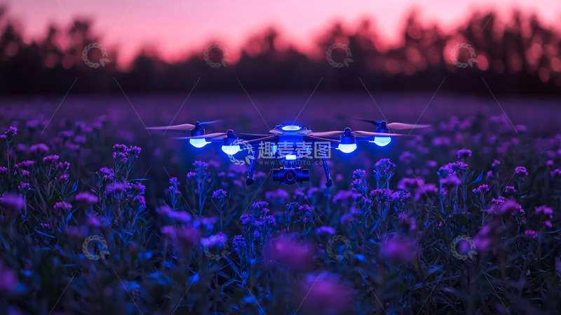 高清大图下载【趣麦麦图】紫色花田中的蓝色无人机
