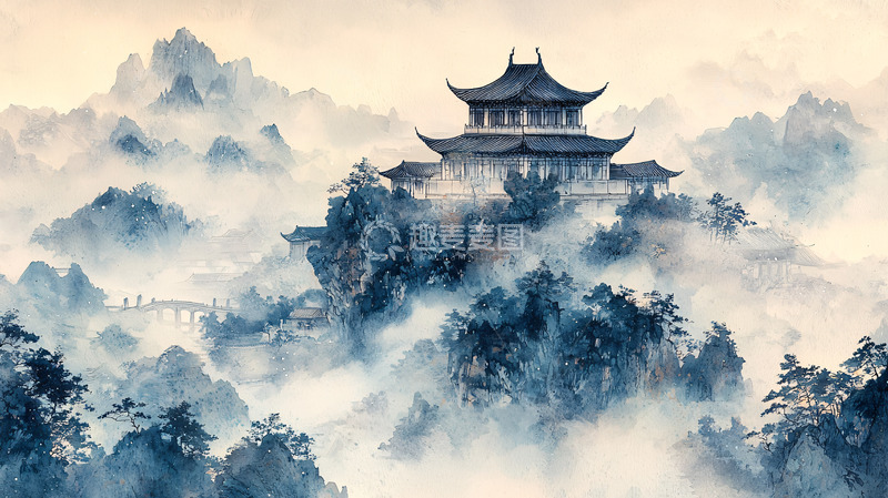 高清大图下载【趣麦麦图】云雾缭绕山顶的亭台楼阁