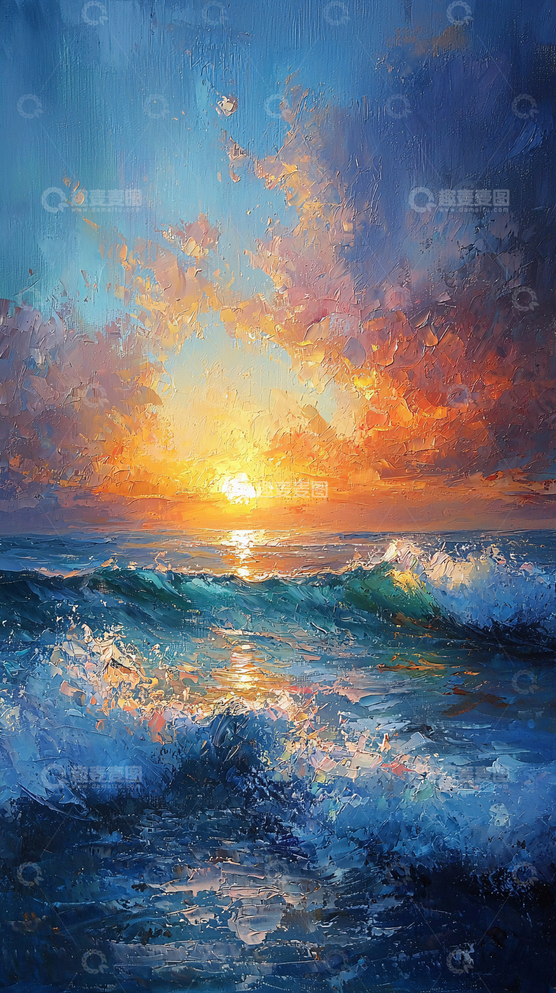 高清大图下载【趣麦麦图】海边日落油画风景
