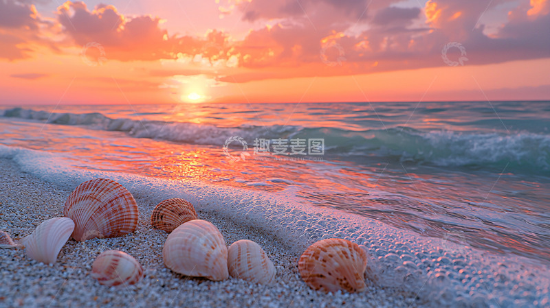 高清大图下载【趣麦麦图】海边日落贝壳