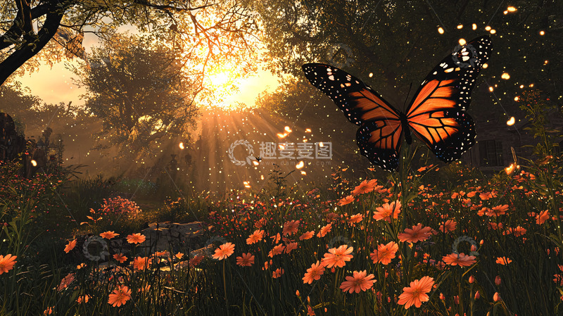 高清大图下载【趣麦麦图】夕阳下的蝴蝶花田