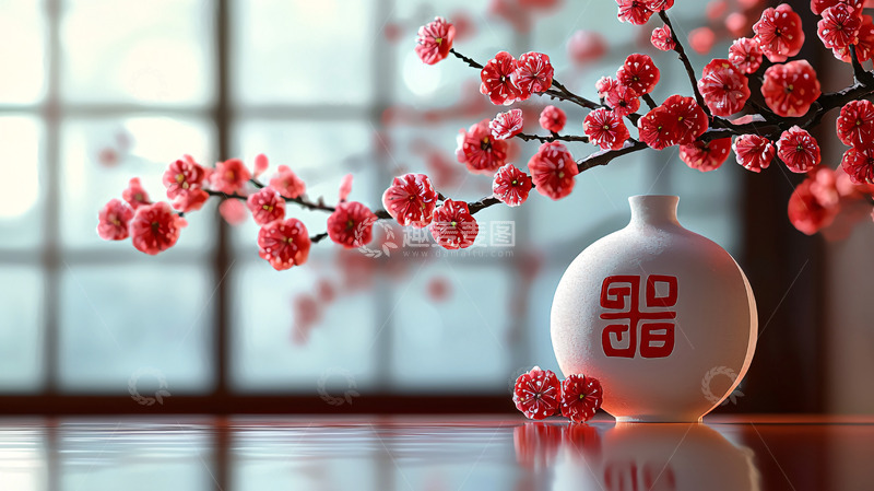 高清大图下载【趣麦麦图】红梅瓶插花静物