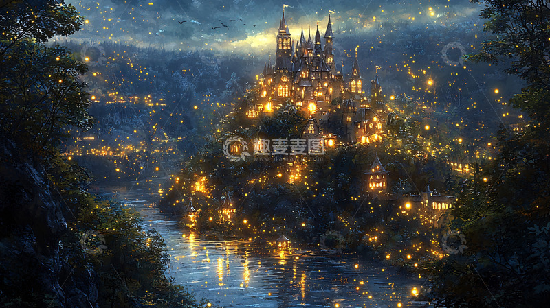 高清大图下载【趣麦麦图】山顶梦幻城堡夜景