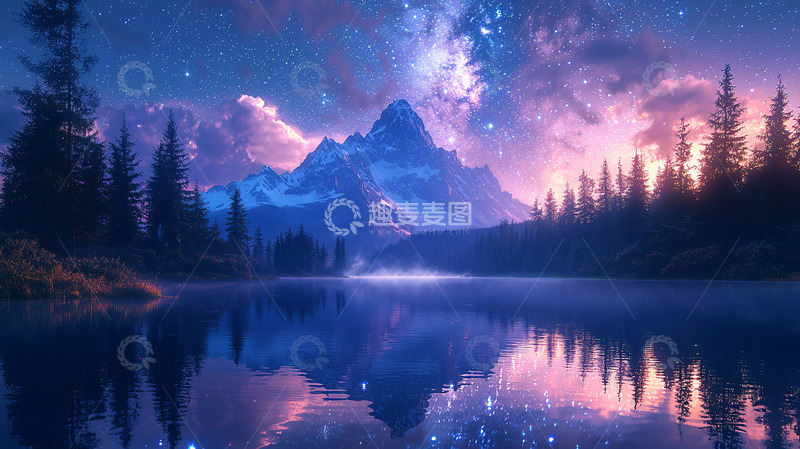 高清大图下载【趣麦麦图】梦幻星空下的雪山湖泊
