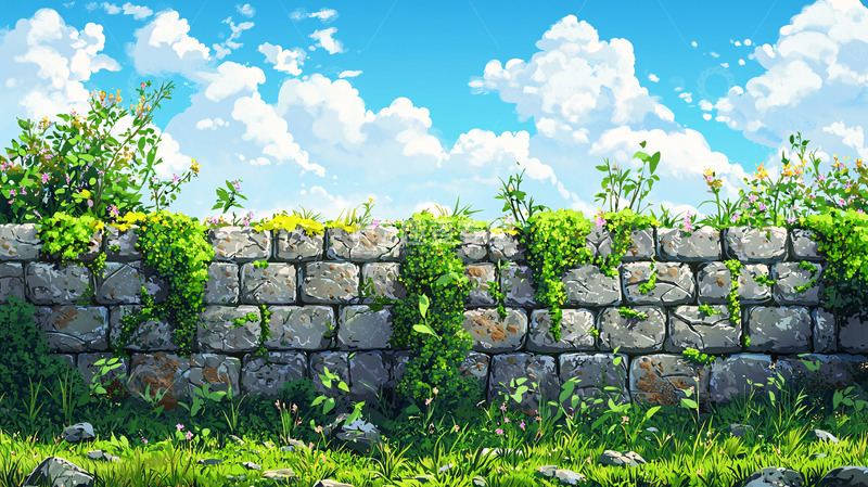 高清大图下载【趣麦麦图】石墙上的绿色植物