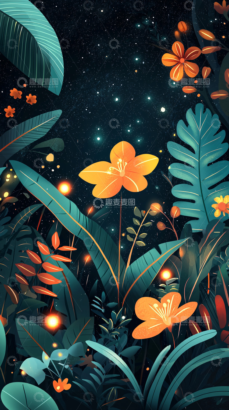 高清大图下载【趣麦麦图】夜空下的热带雨林植物