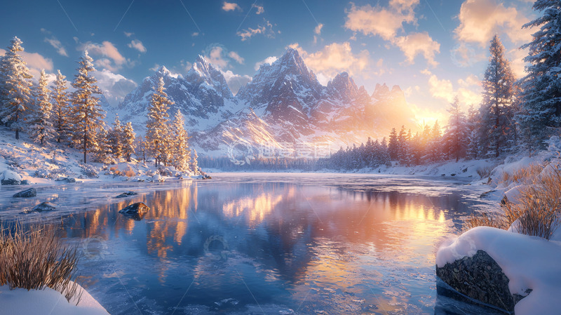 高清大图下载【趣麦麦图】雪山湖泊日出