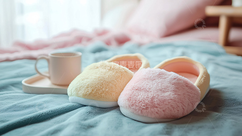 高清大图下载【趣麦麦图】粉色毛绒拖鞋