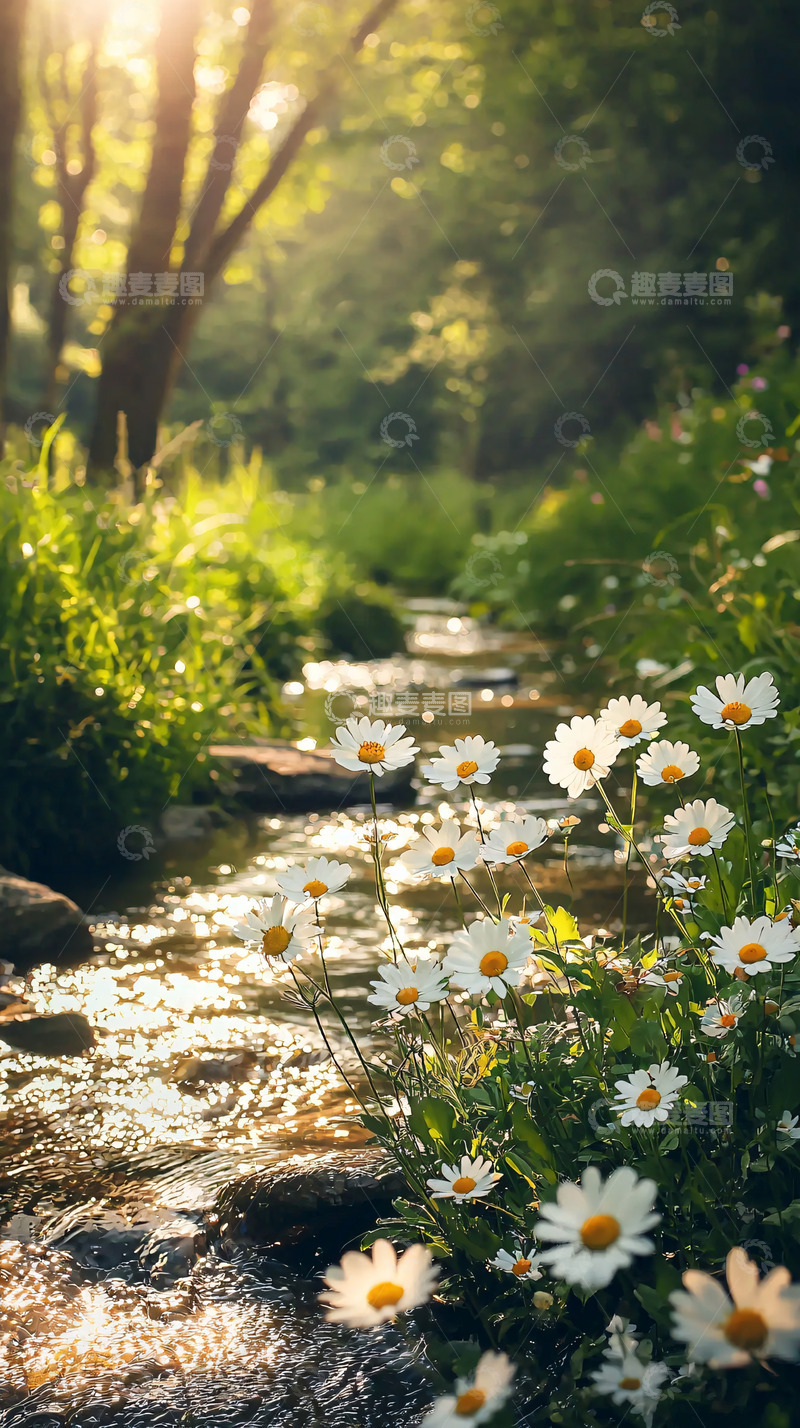 高清大图下载【趣麦麦图】阳光森林小溪雏菊
