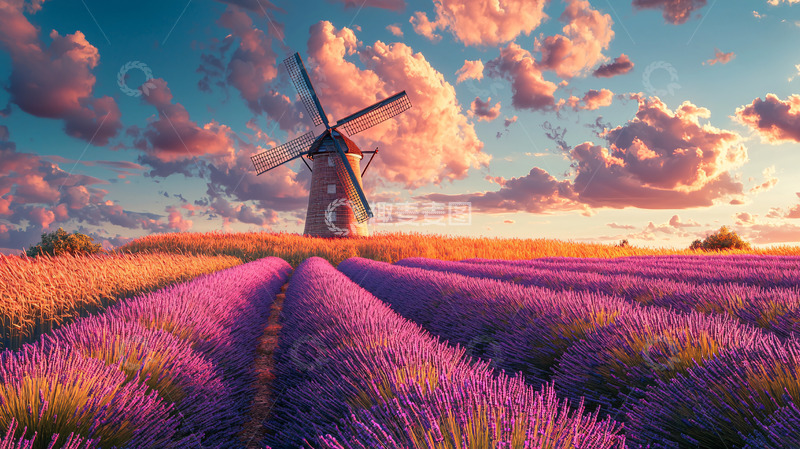 高清大图下载【趣麦麦图】夕阳下的薰衣草田和风车
