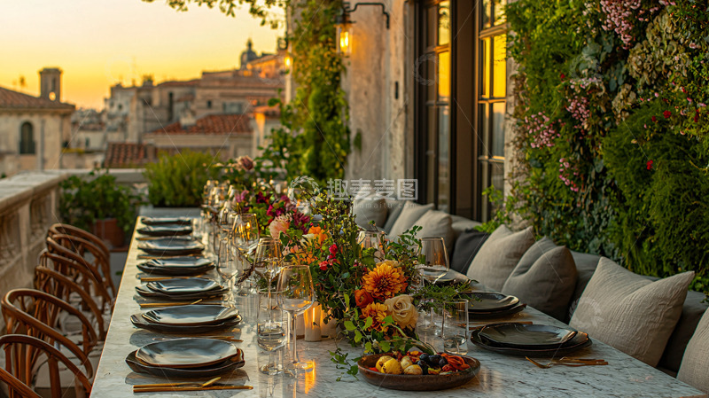 夕阳下浪漫户外长桌晚宴