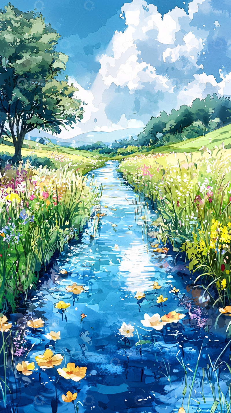高清大图下载【趣麦麦图】田园小溪风景画